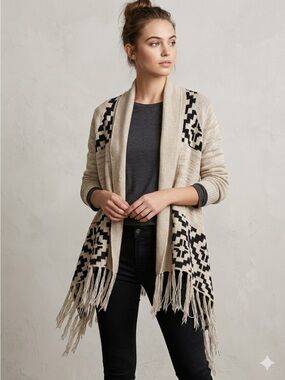 Beige & Black Aztec Geometric Fringe Open-Front Sweater Boho Shrug Cardigan - M